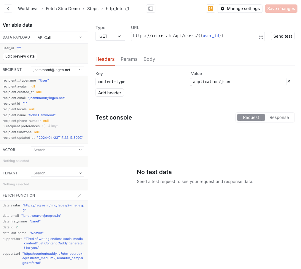 Using the request template editor to configure a fetch function.